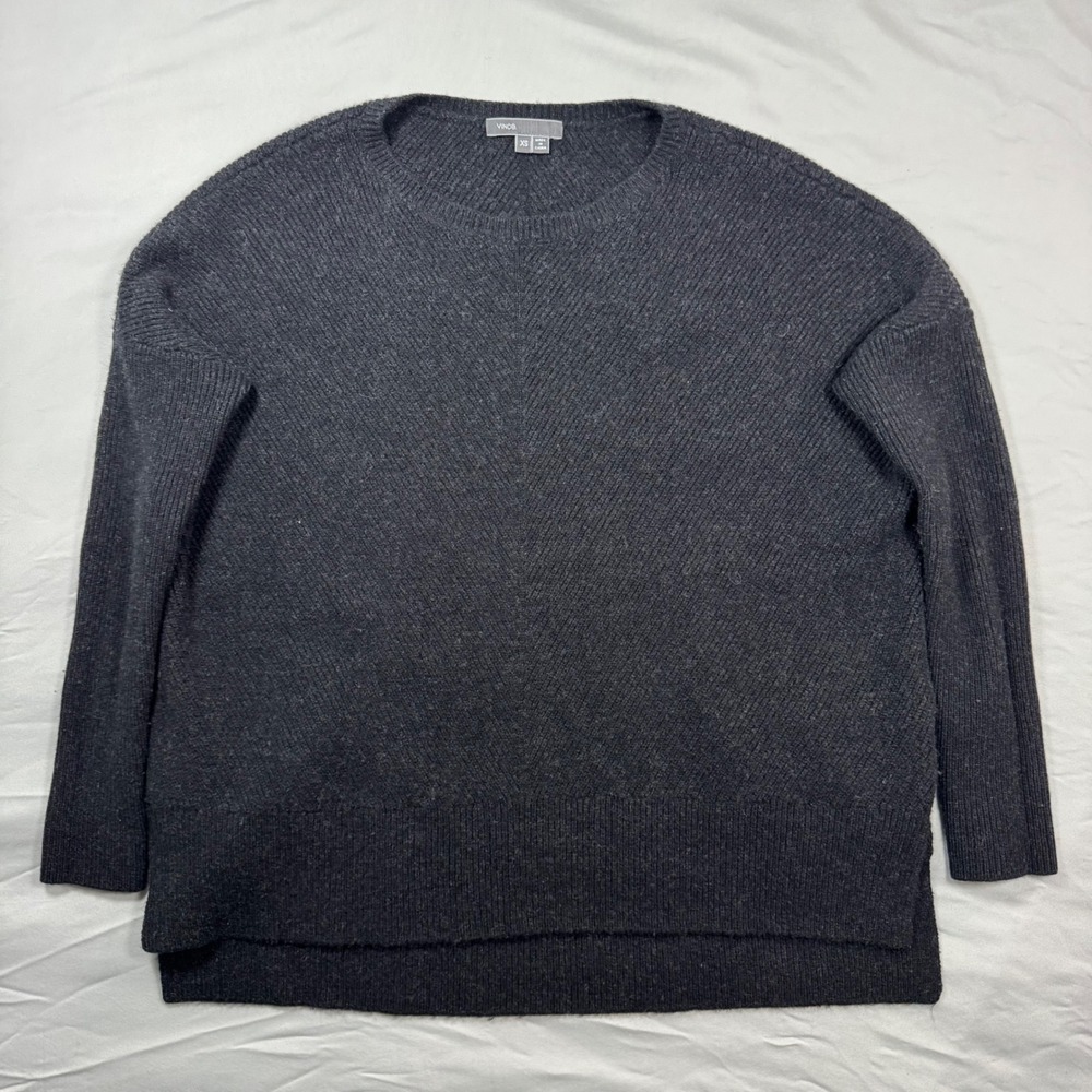 Vince Wool Cashmere Crew Neck Sweater Gray Diagonal Ribbed XS Career Luxury